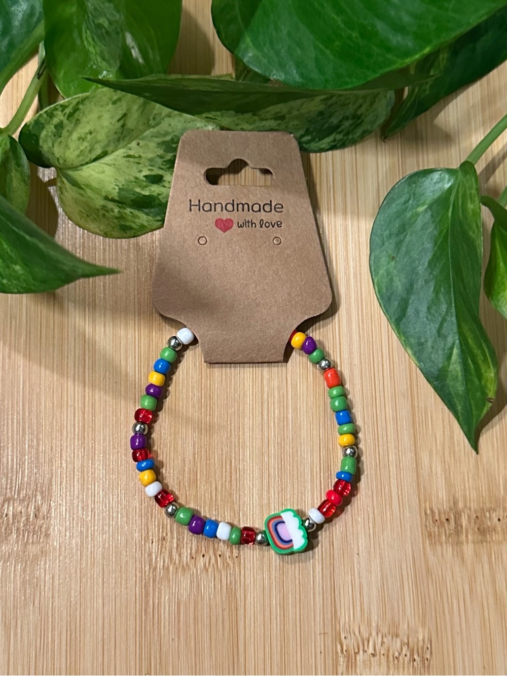 🌈✨ Rainbow Stretchy Beaded Bracelet | Handmade |‎ Clay Rainbow Charm 🌈 - Picture 1 of 1